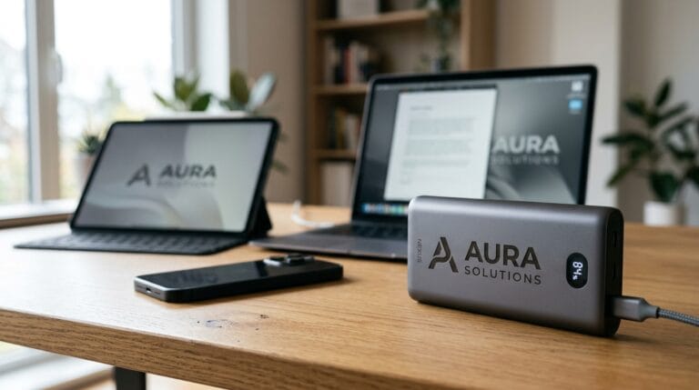 Power bank reklamowy z logo firmy na biurku obok urządzeń mobilnych