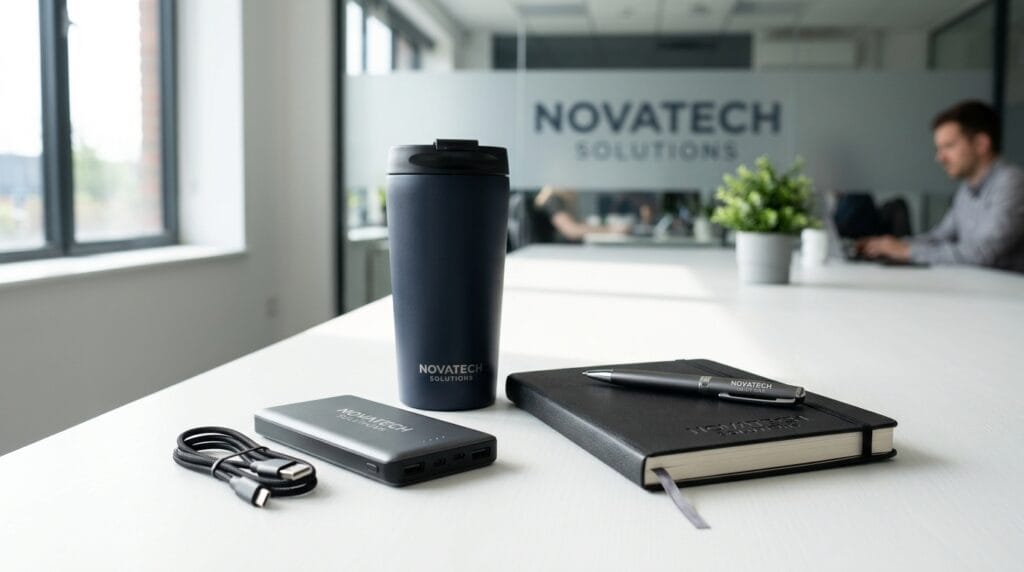 Zestaw gadżetów reklamowych na targi branżowe: długopisy, kubek i powerbank z logo
