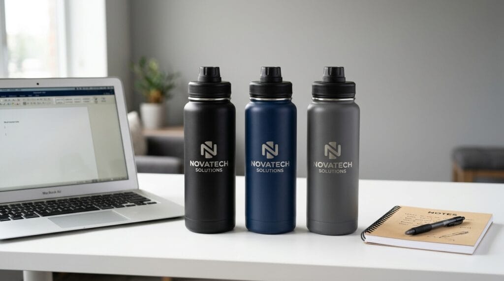 Butelka z logo firmy w trzech materiałach: stal, Tritan i RPET - porównanie gadżetów promocyjnych