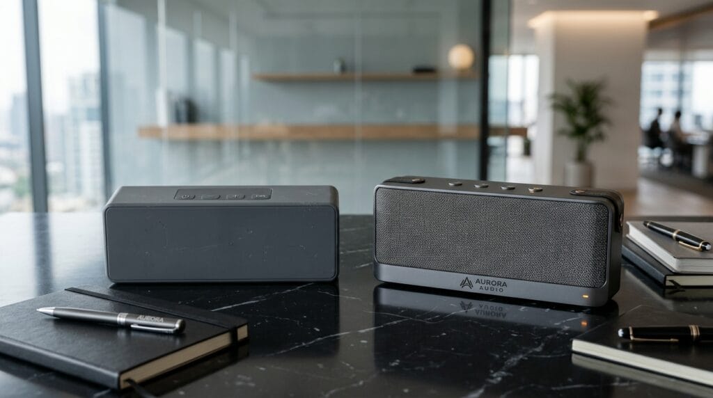 Porównanie zwykłego gadżetu z premium głośnikiem bluetooth z logo firmy na biurku
