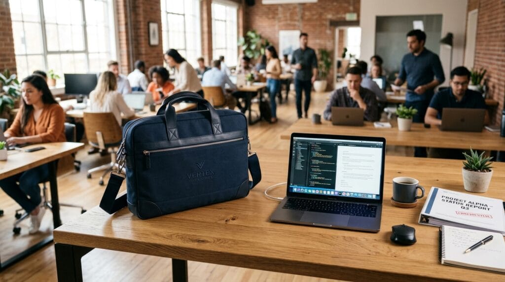 Torba na laptopa z logo firmy: funkcjonalność i profesjonalny wizerunek 1 Torba na laptopa z logo firmy na profesjonalnym biurku obok laptopa