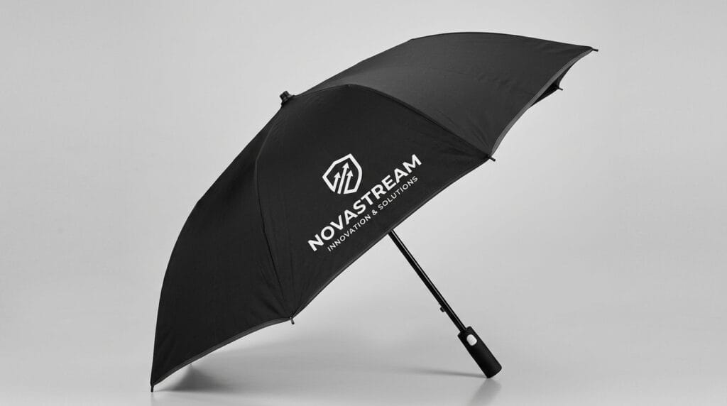 Parasole automatyczne z nadrukiem: wybór i znakowanie dla firm 1 Parasol automatyczny z nadrukiem logo firmy na jasnym tle, widok produktowy