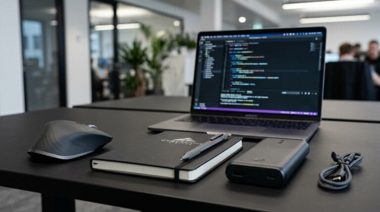 Gadżety reklamowe dla branży IT: myszka, notes, długopis i powerbank na biurku pracownika