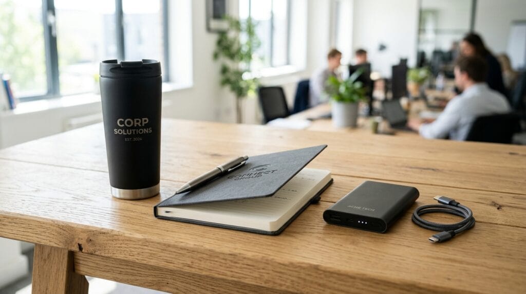 Różne gadżety reklamowe – długopis, powerbank, kubek, notes, jako przykład jak dobrać gadżet reklamowy do branży