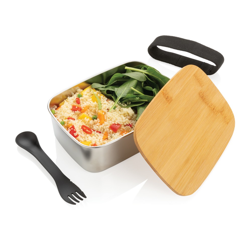 Stalowy lunchbox z bambusowym wieczkiem i sztućcami 1500ml - Pojemniki na żywność z nadrukiem logo | VEBI - zdjęcie 2