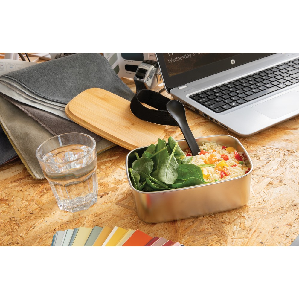 Stalowy lunchbox z bambusowym wieczkiem i sztućcami 1500ml - Pojemniki na żywność z nadrukiem logo | VEBI - zdjęcie 8