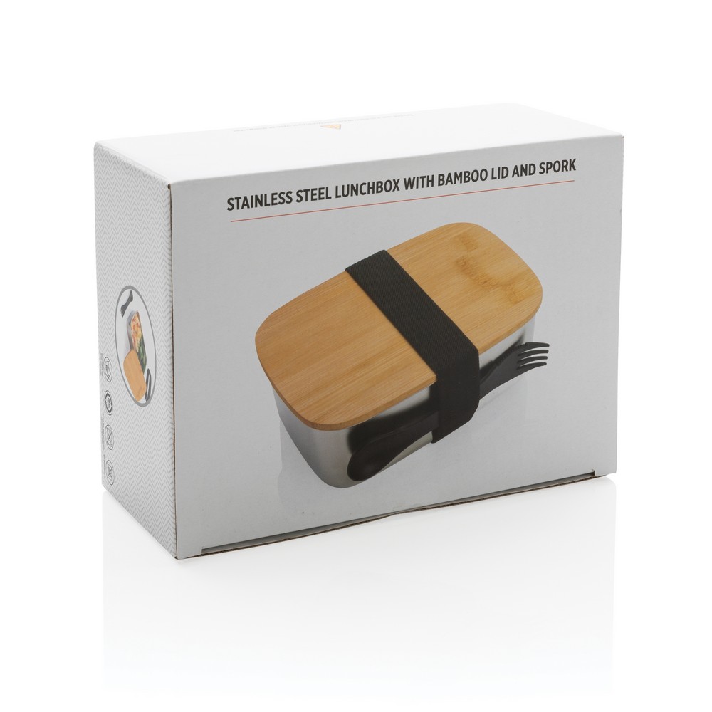 Stalowy lunchbox z bambusowym wieczkiem i sztućcami 1500ml - Pojemniki na żywność z nadrukiem logo | VEBI - zdjęcie 10
