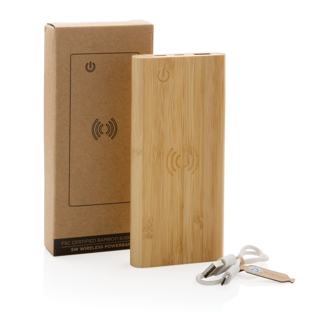 Power bank bambusowy 8000mAh z ładowaniem bezprzewodowym 5W - Power banki z nadrukiem logo | VEBI - zdjęcie 9