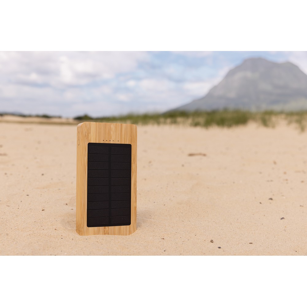 Ekologiczny power bank bambusowy z panelem słonecznym 10000 mAh - Ładowarki z nadrukiem logo | VEBI - zdjęcie 10