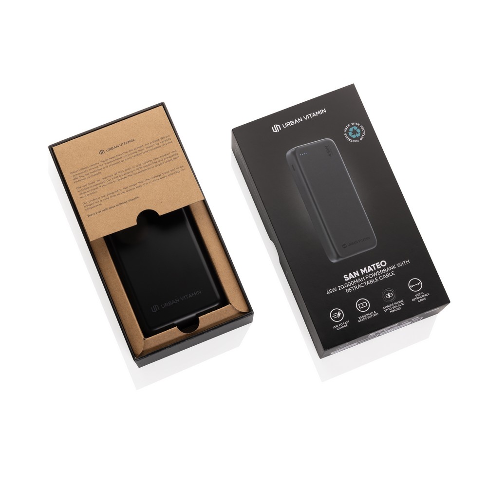 Power Bank 20000 mAh z Kablem USB-C - Ekologiczny San Mateo - Power banki z nadrukiem logo | VEBI - zdjęcie 6
