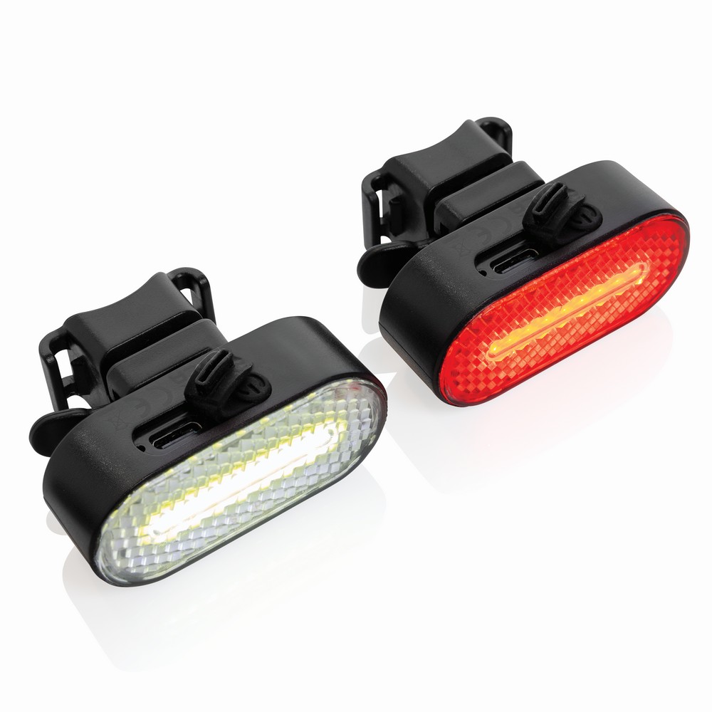 Ekologiczne lampki rowerowe Lumino - zestaw LED z ładowaniem USB - Akcesoria rowerowe z nadrukiem logo | VEBI