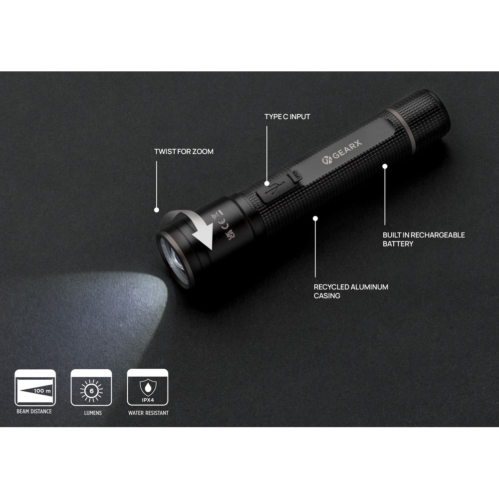 Latarka Gear X - kieszonkowa, USB, aluminium z recyklingu - Latarki i lampki z nadrukiem logo | VEBI - zdjęcie 8