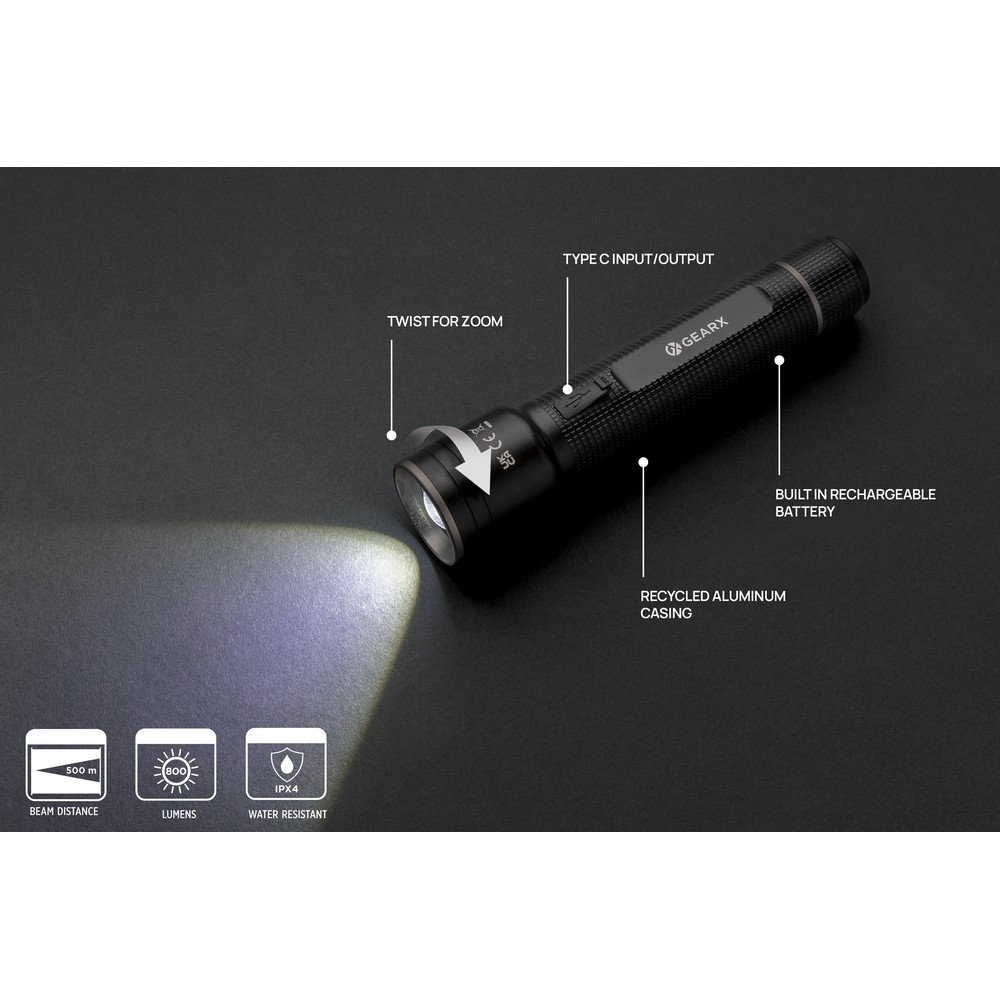 Latarka Gear X z aluminium z recyklingu - ładowana USB - Latarki i lampki z nadrukiem logo | VEBI - zdjęcie 9