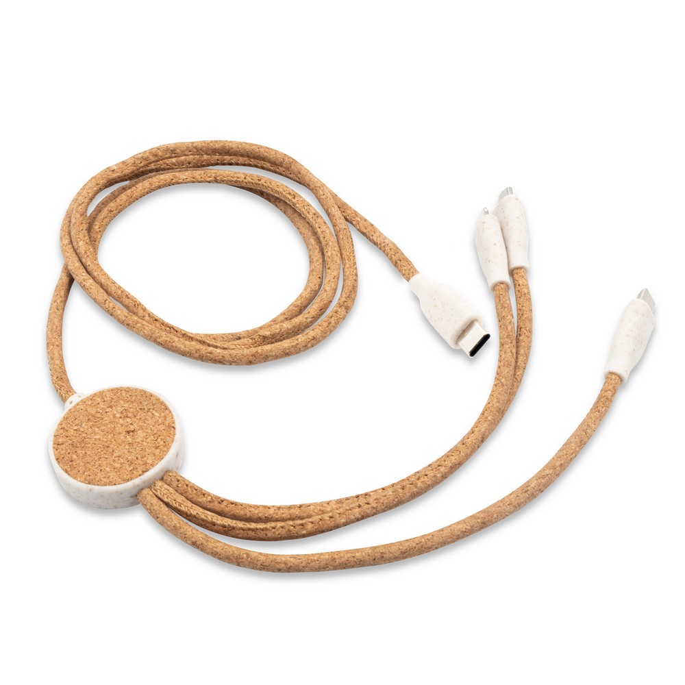 Ekologiczny kabel 4w1 z korka i słomy pszenicznej - Kable z nadrukiem logo | VEBI