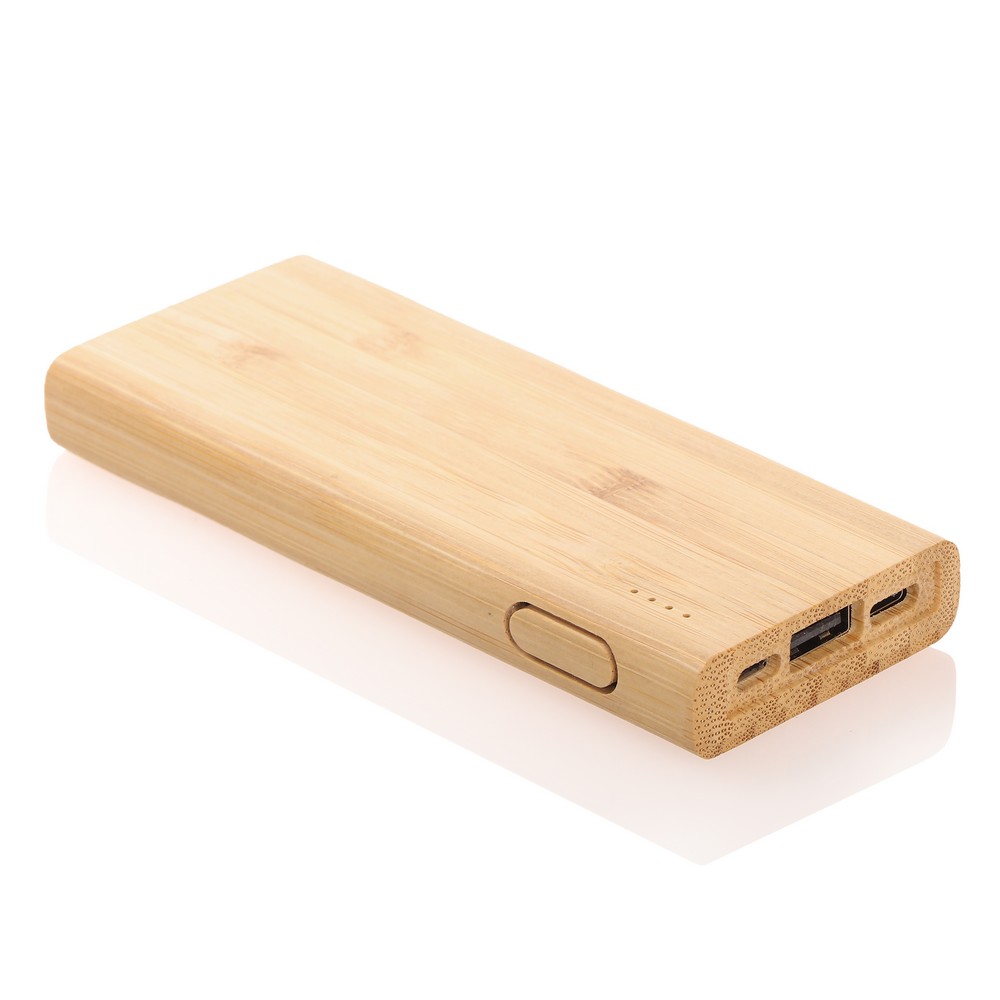 Power bank bambusowy 5000 mAh z diodami LED i kablami - Power banki z nadrukiem logo | VEBI