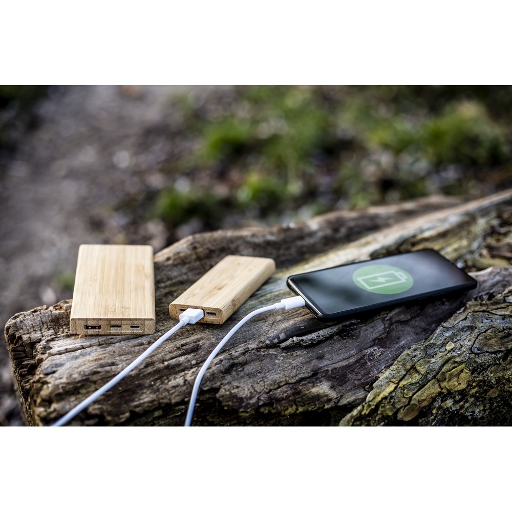 Power bank bambusowy 5000 mAh z diodami LED i kablami - Power banki z nadrukiem logo | VEBI - zdjęcie 3