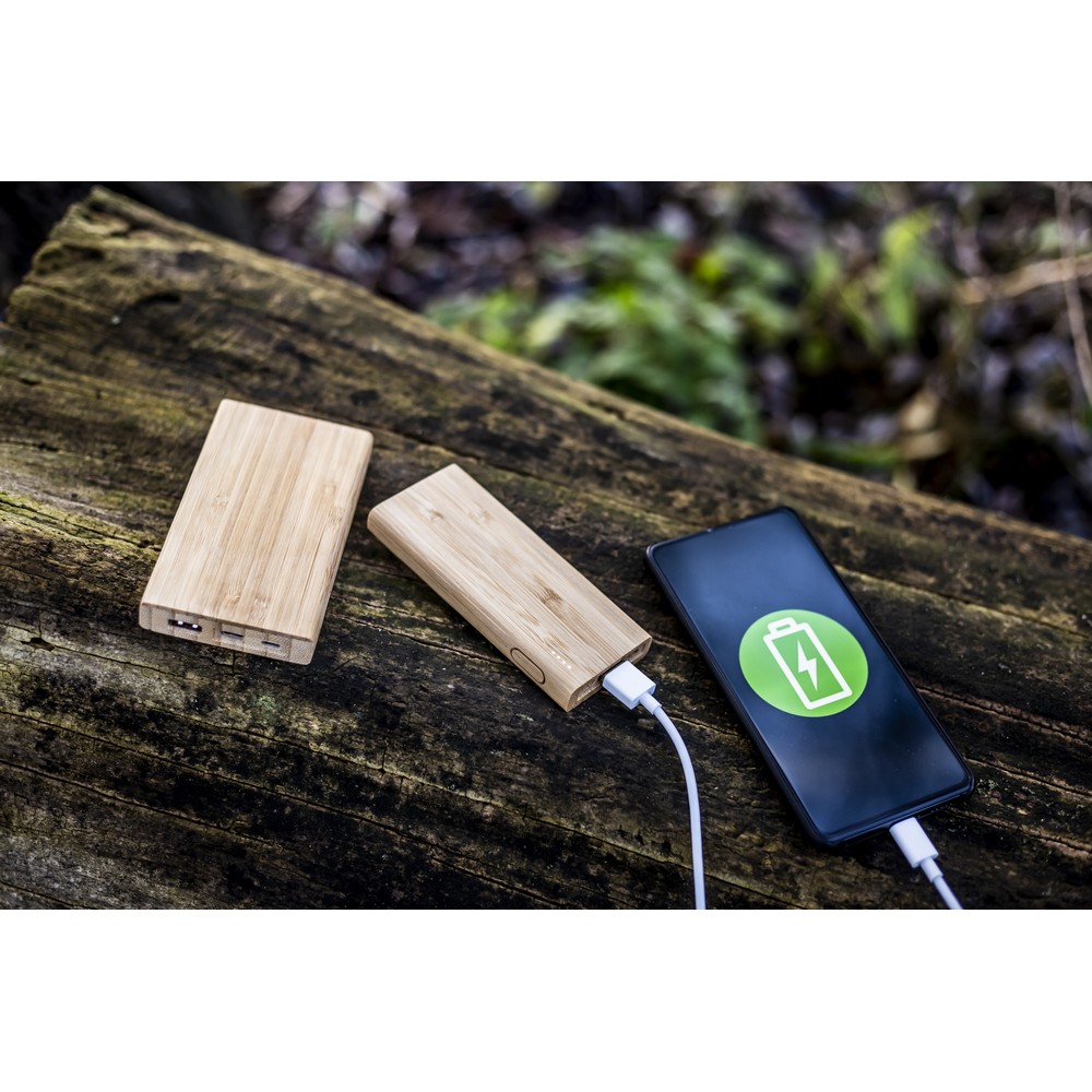 Power bank bambusowy 5000 mAh z diodami LED i kablami - Power banki z nadrukiem logo | VEBI - zdjęcie 4