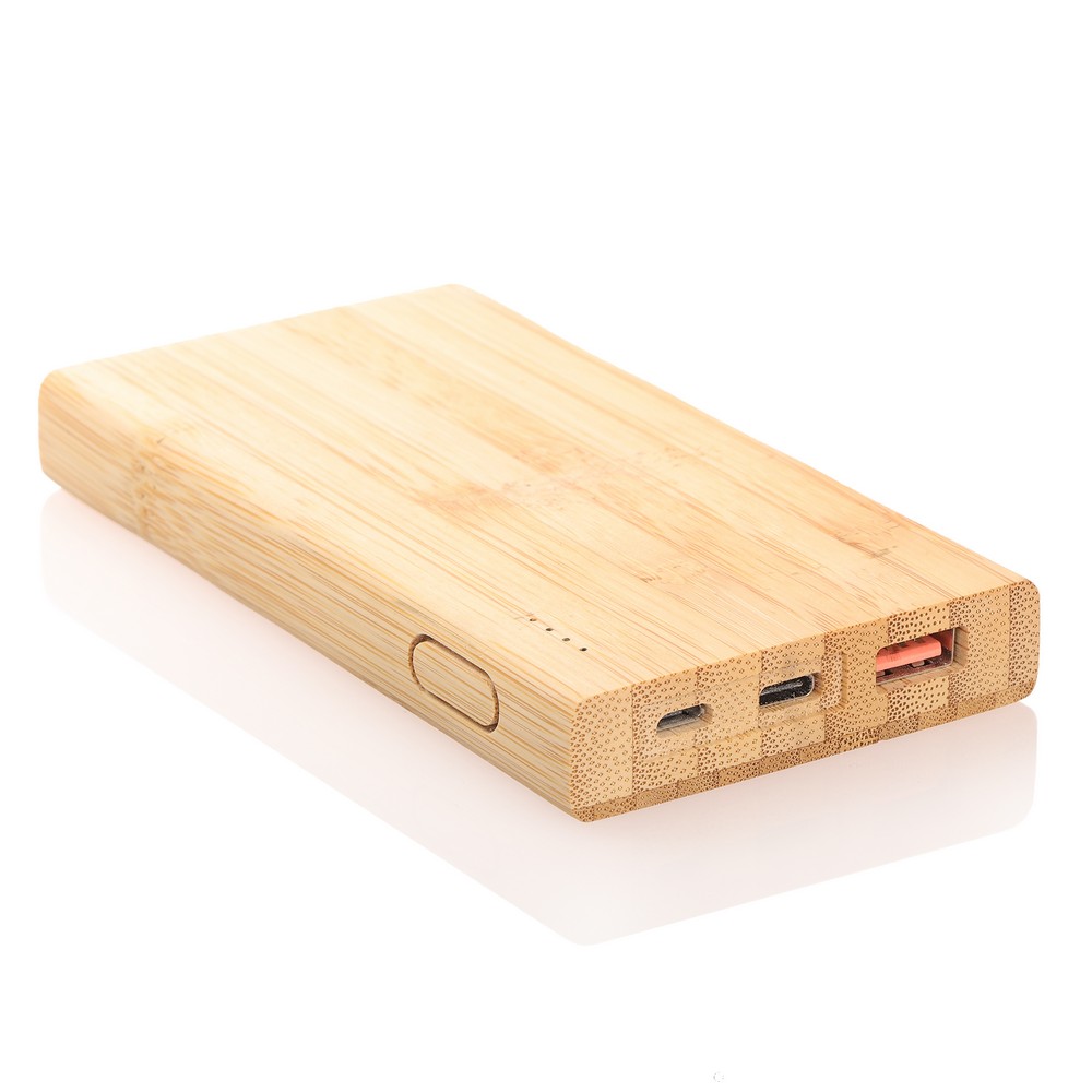 Power bank bambusowy 8000 mAh z szybkim ładowaniem USB-C - Power banki z nadrukiem logo | VEBI