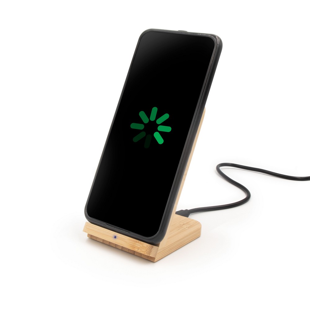 Bambusowa ładowarka bezprzewodowa 10W ze stojakiem na telefon - Ładowarki z nadrukiem logo | VEBI - zdjęcie 7