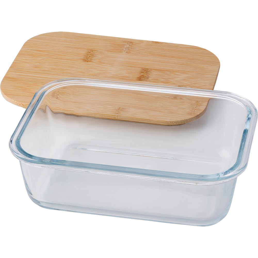 Szklany lunch box 900ml z bambusowym wieczkiem - Pojemniki na żywność z nadrukiem logo | VEBI