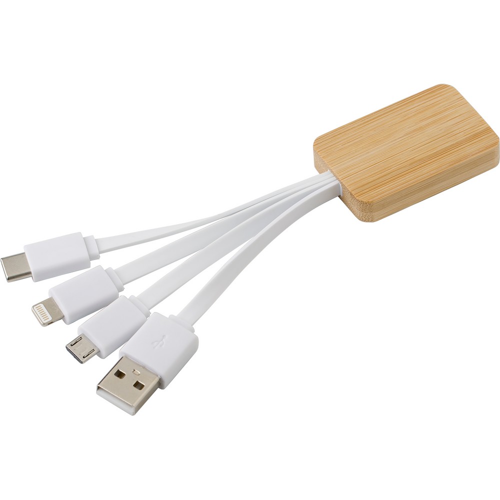 Kabel ładujący 3w1 z bambusowym wykończeniem - Kable z nadrukiem logo | VEBI - zdjęcie 2