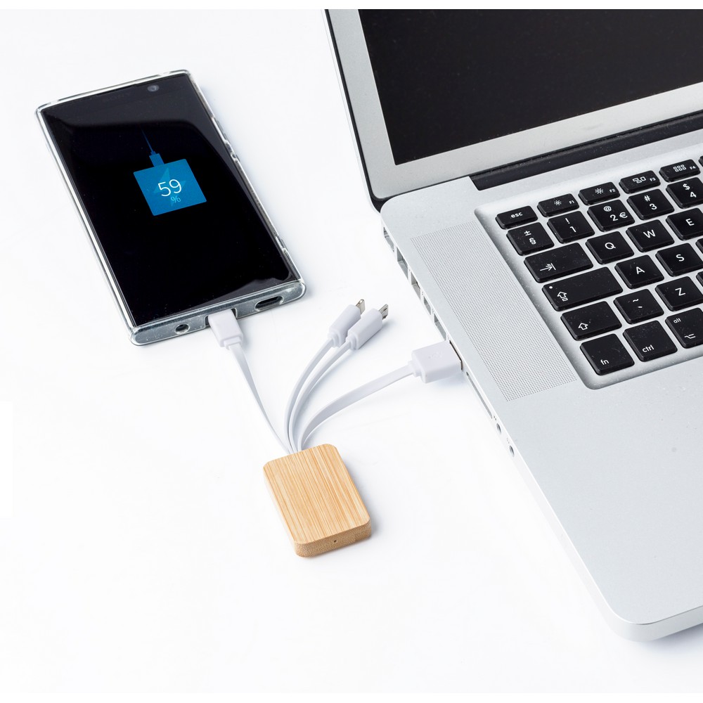 Kabel ładujący 3w1 z bambusowym wykończeniem - Kable z nadrukiem logo | VEBI - zdjęcie 3