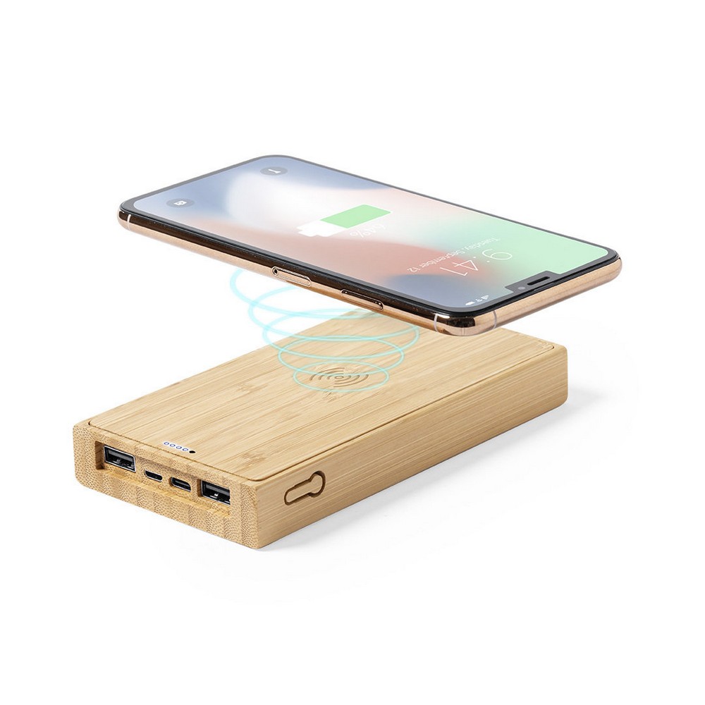Power bank bambusowy 10000 mAh z ładowaniem bezprzewodowym - Ładowarki z nadrukiem logo | VEBI