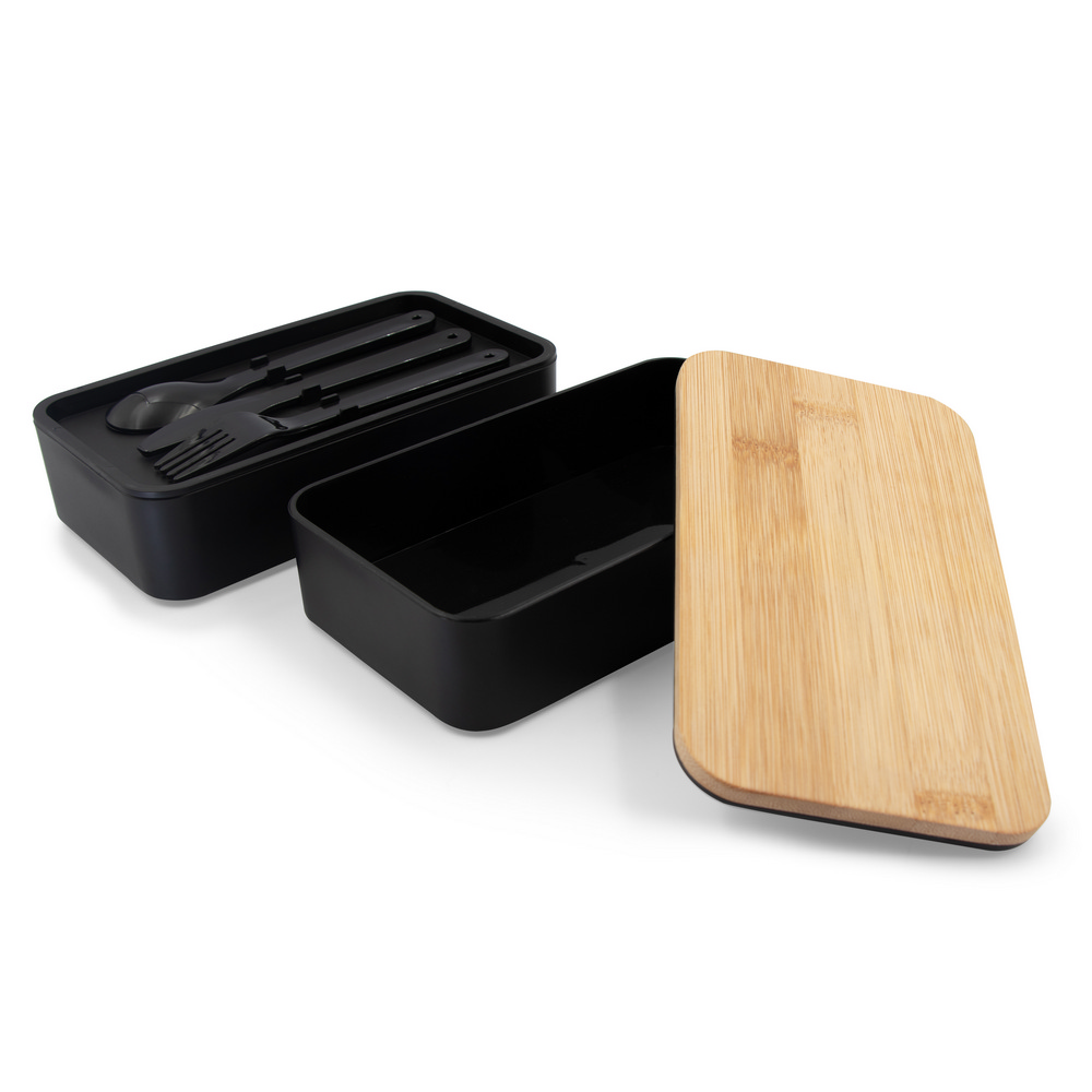 Bambusowy lunch box 2w1 ze sztućcami - ekologiczny zestaw - Pojemniki na żywność z nadrukiem logo | VEBI - zdjęcie 4