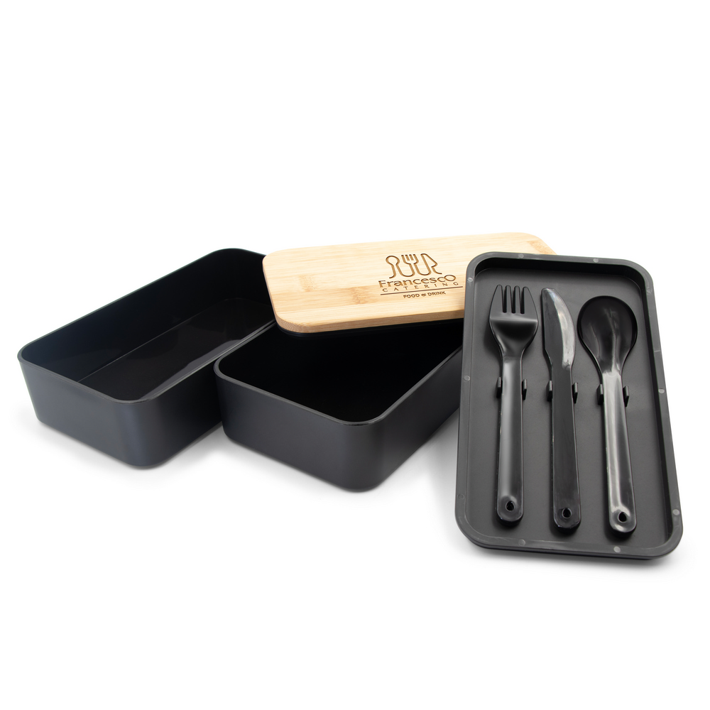 Bambusowy lunch box 2w1 ze sztućcami - ekologiczny zestaw - Pojemniki na żywność z nadrukiem logo | VEBI