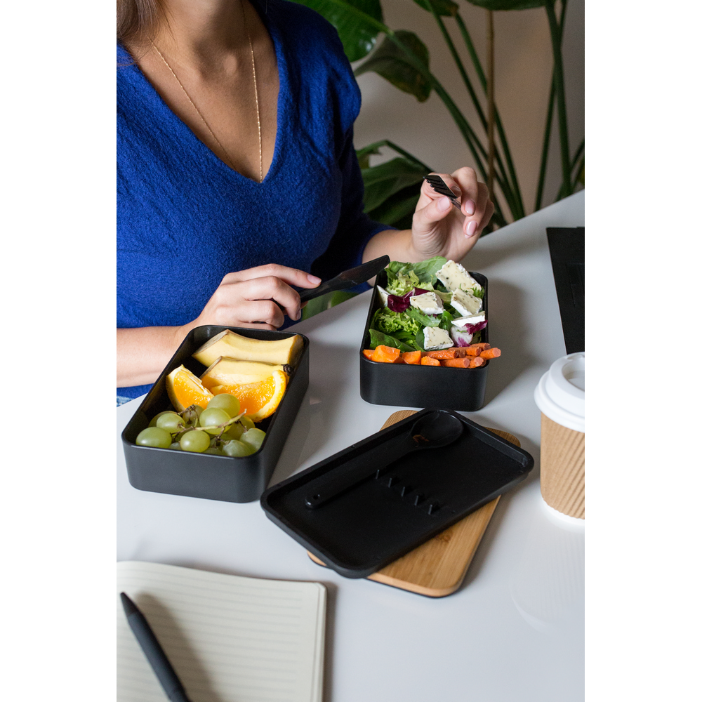 Bambusowy lunch box 2w1 ze sztućcami - ekologiczny zestaw - Pojemniki na żywność z nadrukiem logo | VEBI - zdjęcie 11