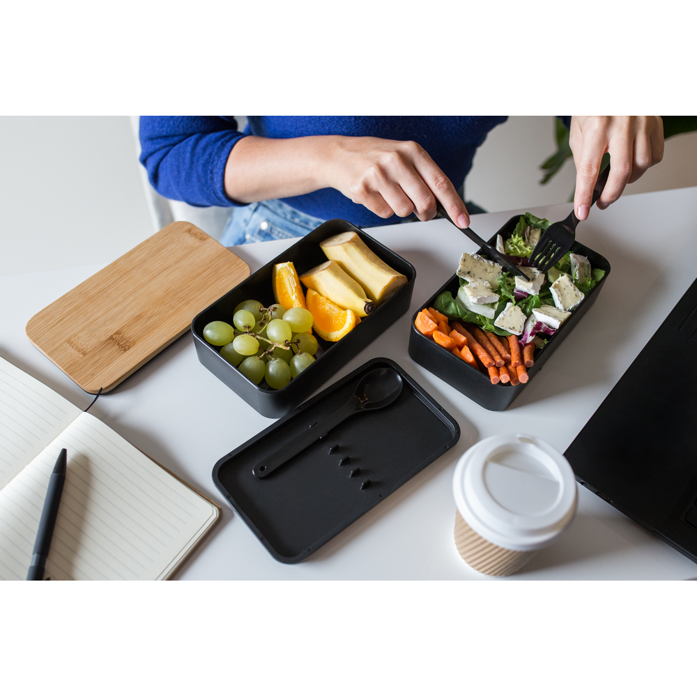 Bambusowy lunch box 2w1 ze sztućcami - ekologiczny zestaw - Pojemniki na żywność z nadrukiem logo | VEBI - zdjęcie 12