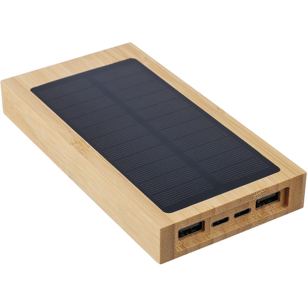 Ekologiczny power bank solarny 10000 mAh z bambusa - Ładowarki z nadrukiem logo | VEBI