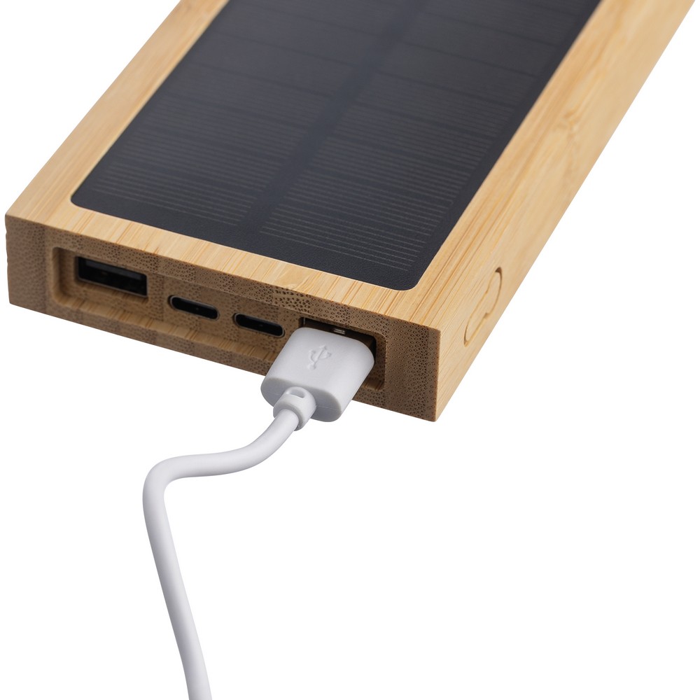 Ekologiczny power bank solarny 10000 mAh z bambusa - Ładowarki z nadrukiem logo | VEBI - zdjęcie 3
