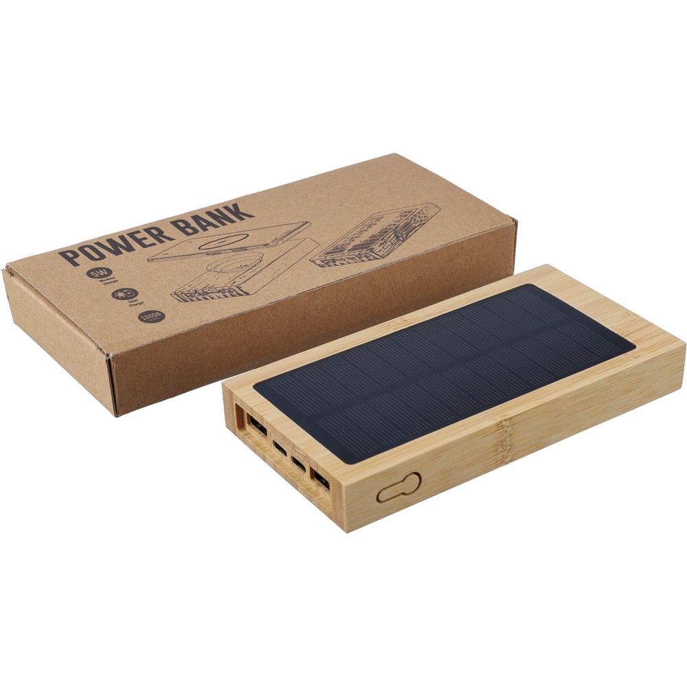 Ekologiczny power bank solarny 10000 mAh z bambusa - Ładowarki z nadrukiem logo | VEBI - zdjęcie 5