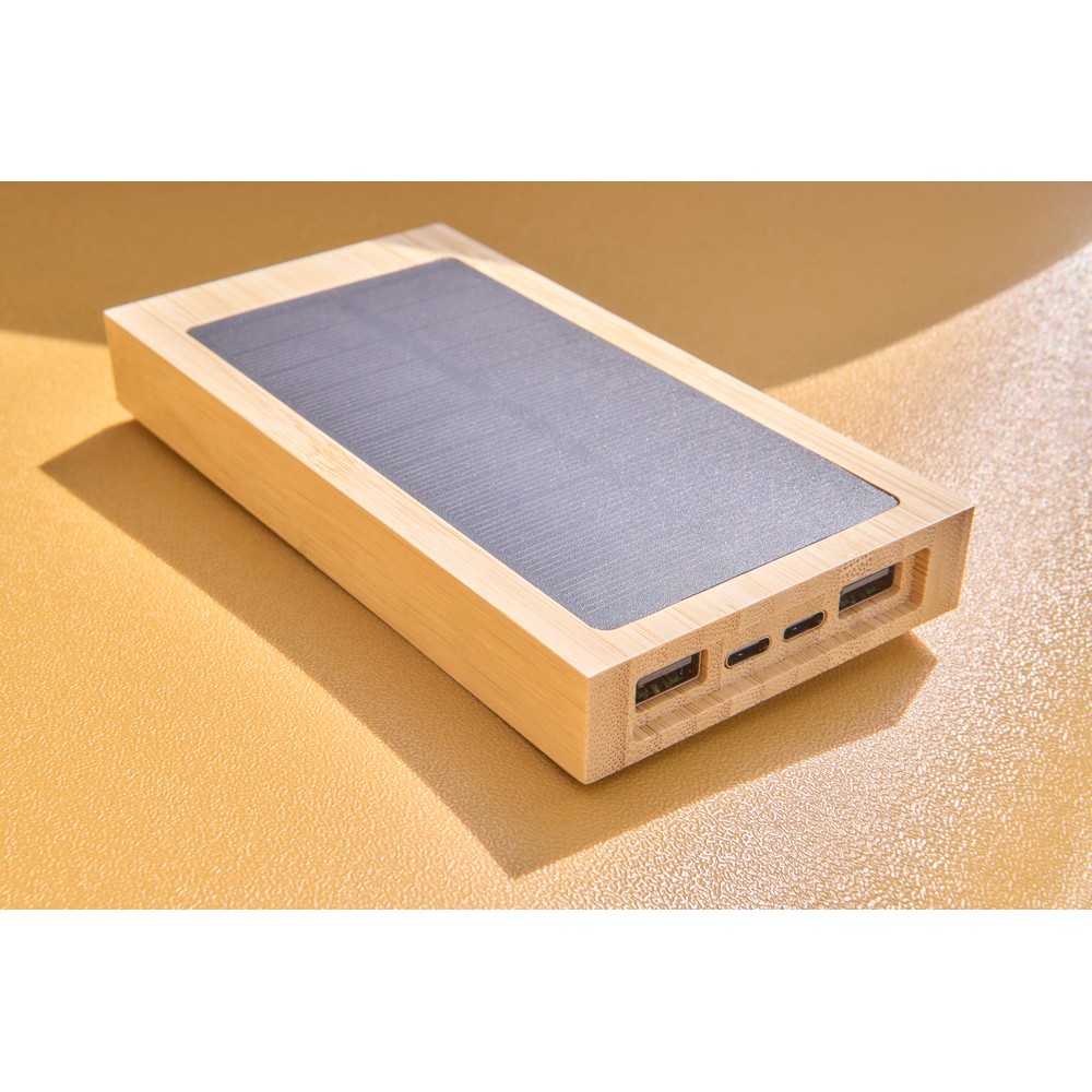 Ekologiczny power bank solarny 10000 mAh z bambusa - Ładowarki z nadrukiem logo | VEBI - zdjęcie 8
