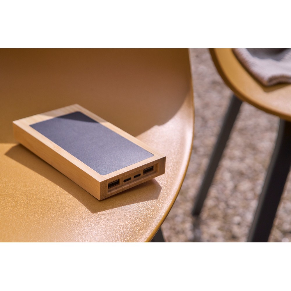 Ekologiczny power bank solarny 10000 mAh z bambusa - Ładowarki z nadrukiem logo | VEBI - zdjęcie 2