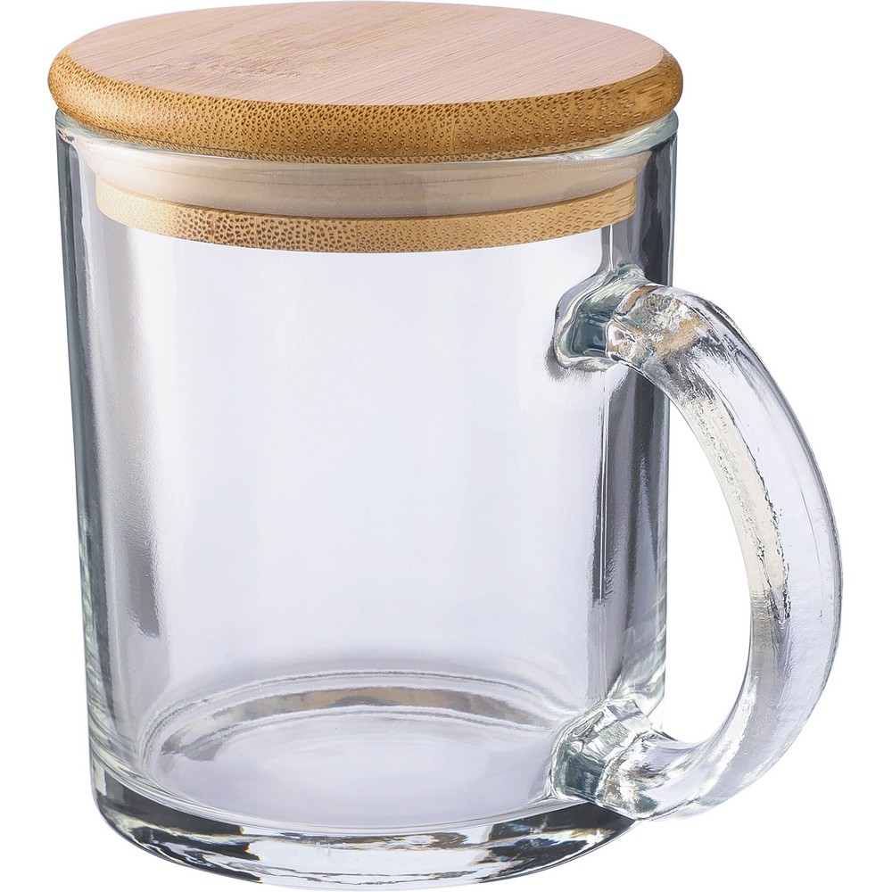 Szklany kubek ekologiczny 300ml z bambusową pokrywką - Kubki z nadrukiem logo | VEBI