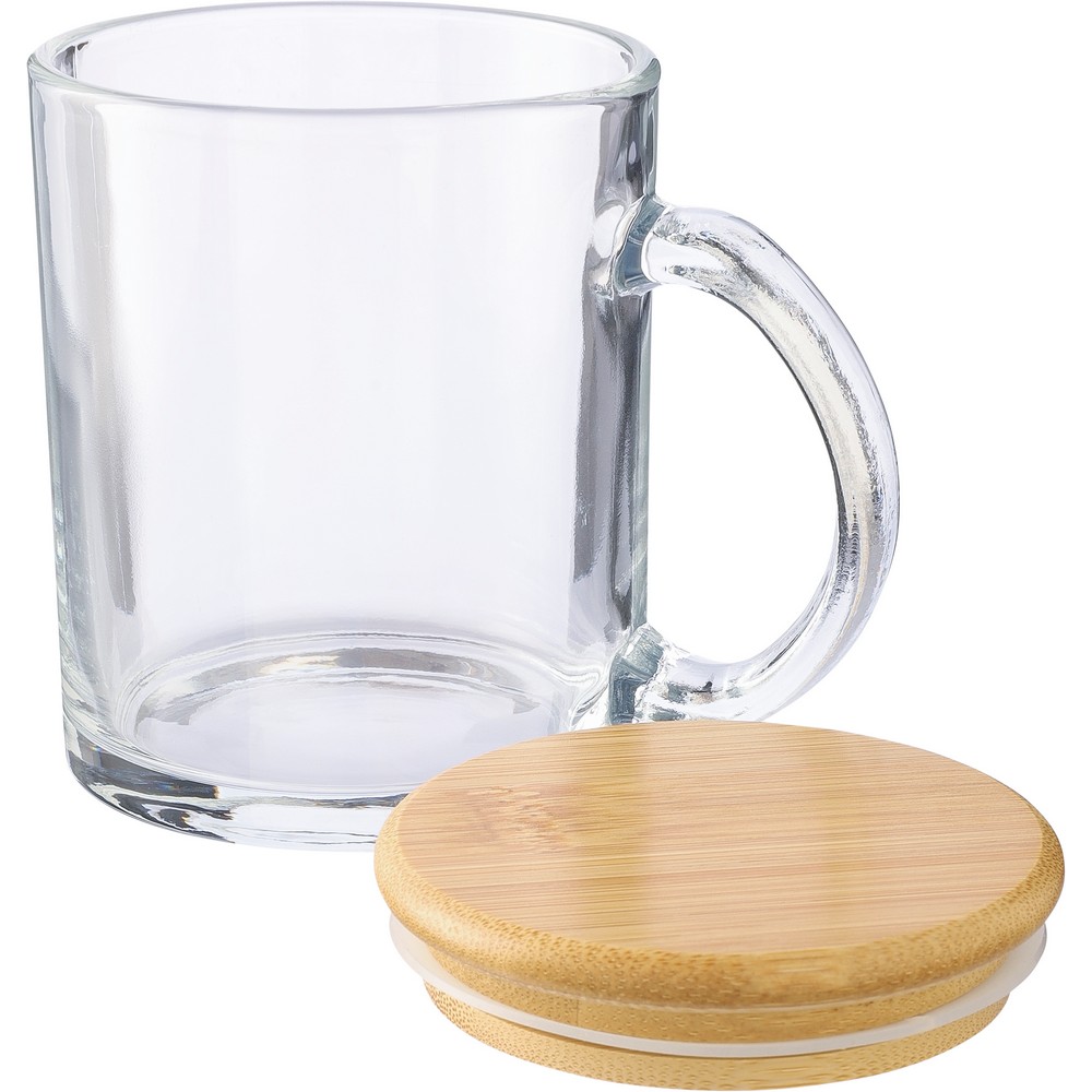 Szklany kubek ekologiczny 300ml z bambusową pokrywką - Kubki z nadrukiem logo | VEBI - zdjęcie 2