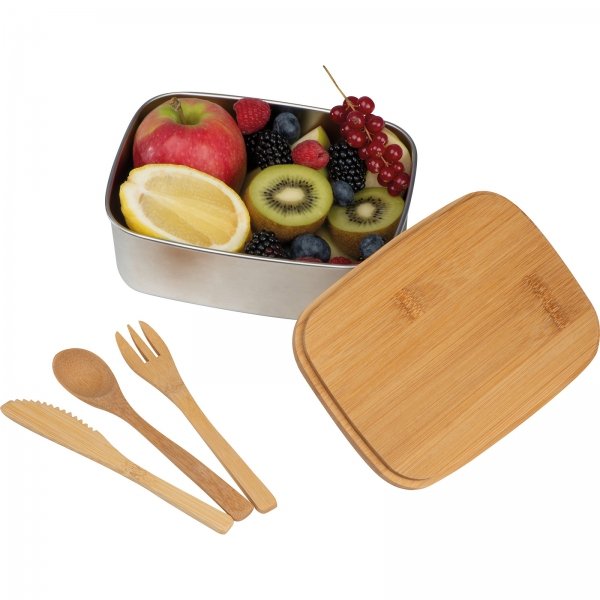 Stalowy lunch box z bambusowymi sztućcami 1000ml DIEST - Pojemniki na żywność z nadrukiem logo | VEBI - zdjęcie 10