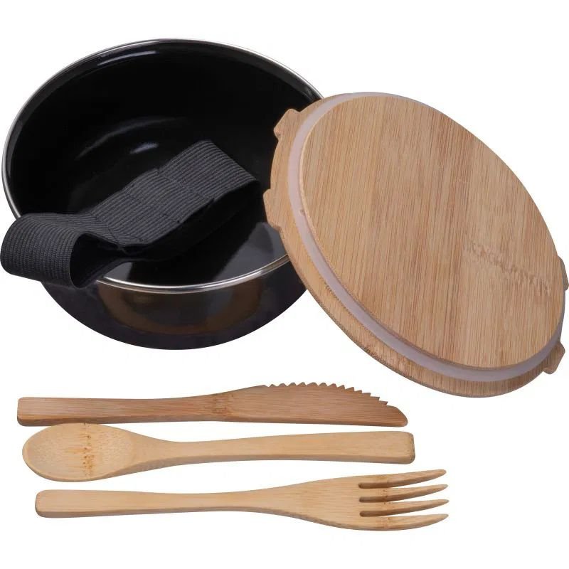 Metalowy lunch box z bambusową pokrywką i sztućcami 700ml - Pojemniki na żywność z nadrukiem logo | VEBI - zdjęcie 2