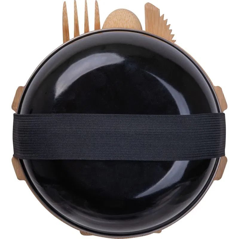 Metalowy lunch box z bambusową pokrywką i sztućcami 700ml - Pojemniki na żywność z nadrukiem logo | VEBI - zdjęcie 4